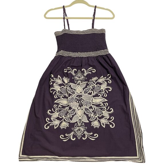 Sundress Purple Boho Midi Smocked Bodice Adjustable Straps Size M 100% Cotton - Picture 1 of 7